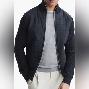 Reiss Trainer Hybrid Quilted Jacket with Ribbed Collar in Navy Size Small